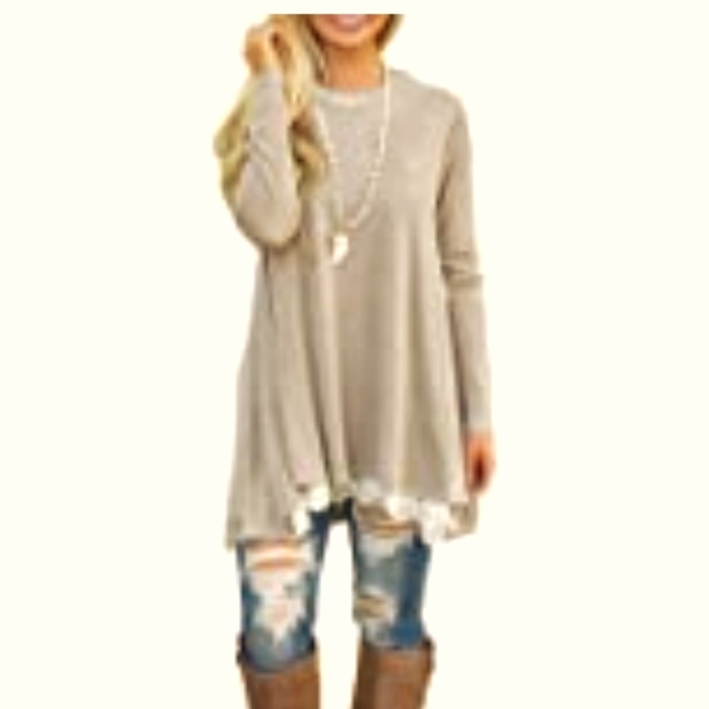 NWT Qixing Oatmeal Long Sleeve Lace Trim Tunic sz S #584